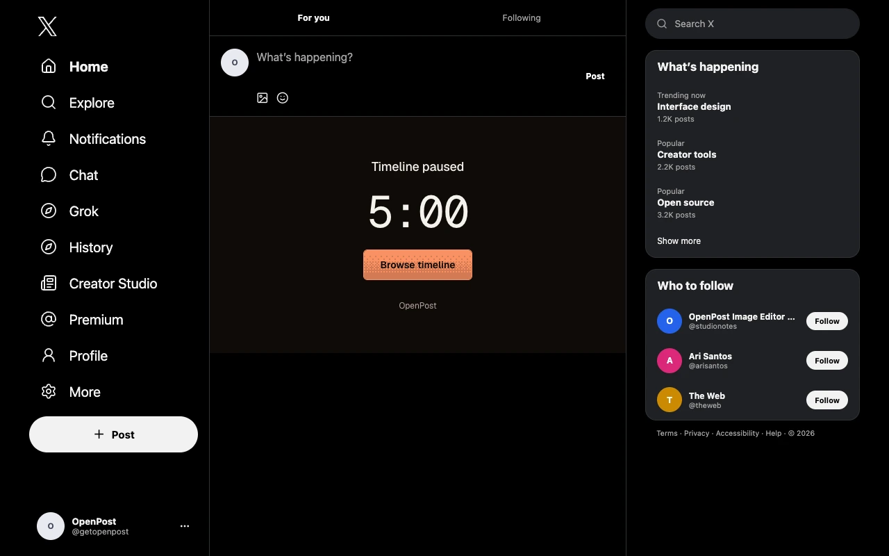 A paused X home feed with posting and navigation still available