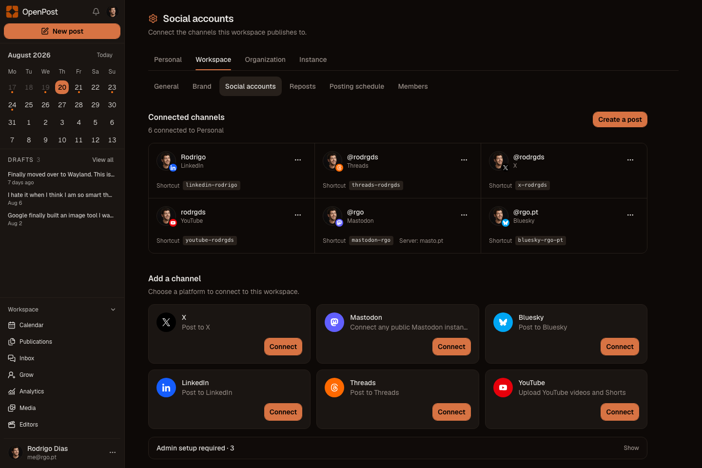 OpenPost connected account settings
