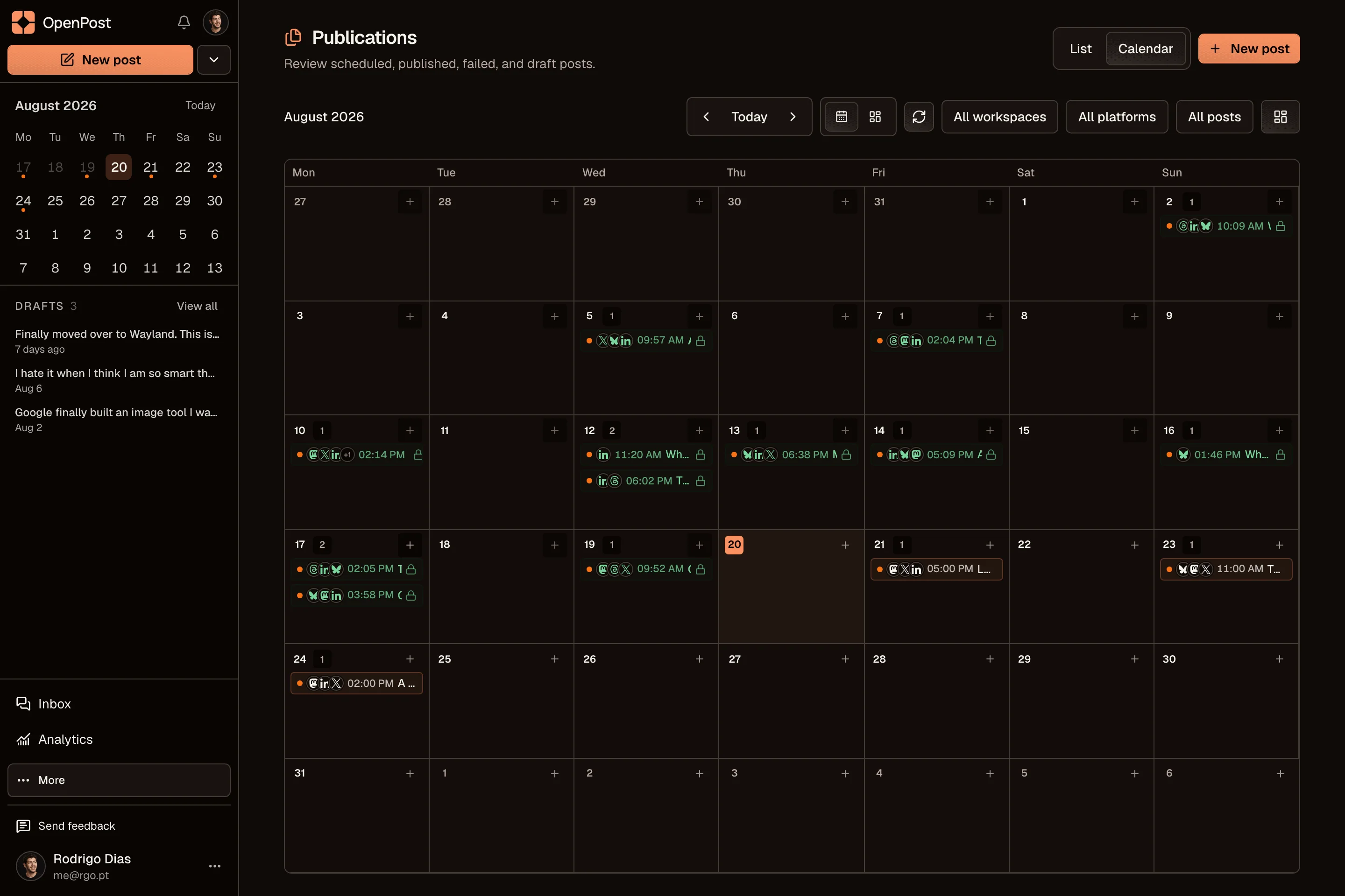 Scheduled posts in the OpenPost calendar