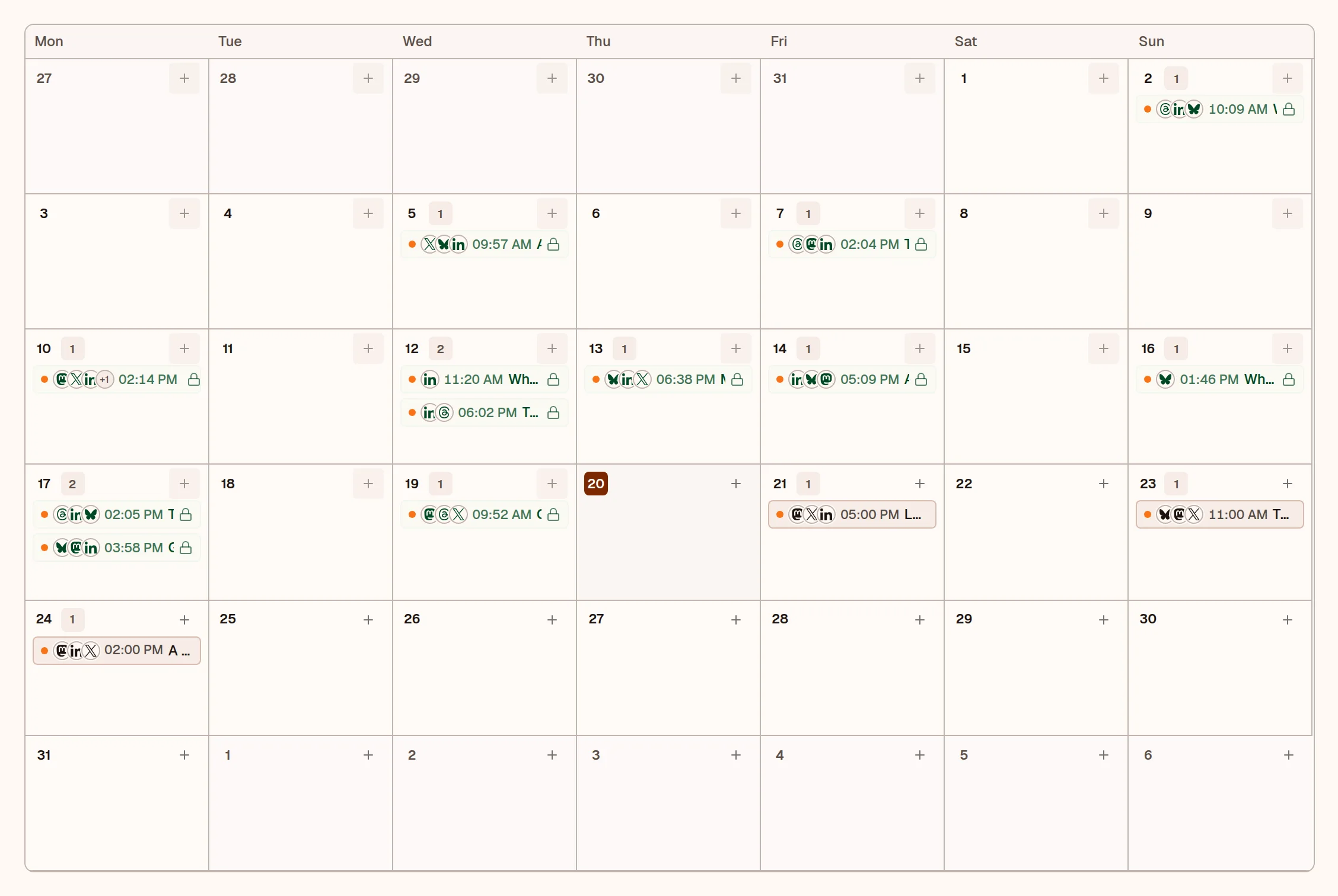 OpenPost calendar showing scheduled posts across channels
