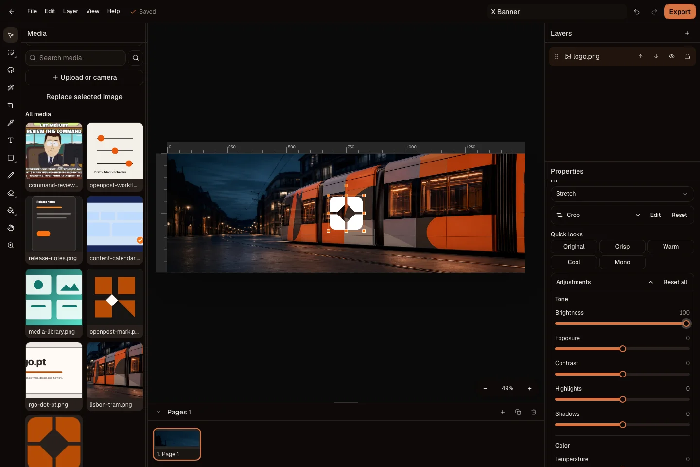 OpenPost Image Editor with the OpenPost logo selected over a Lisbon tram photo