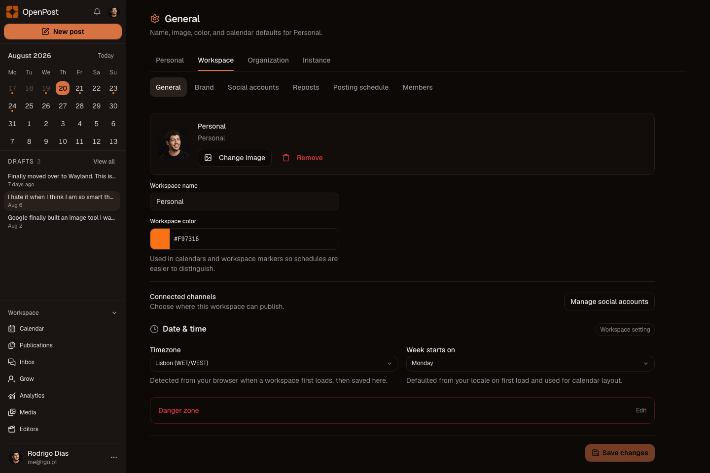 OpenPost workspace and account settings