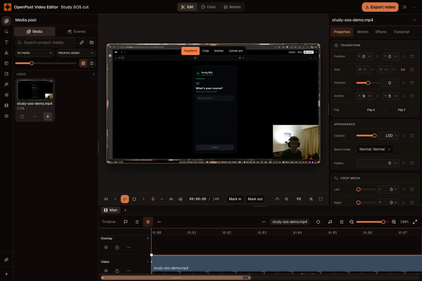 OpenPost Video Editor cutting a Study SOS screen recording
