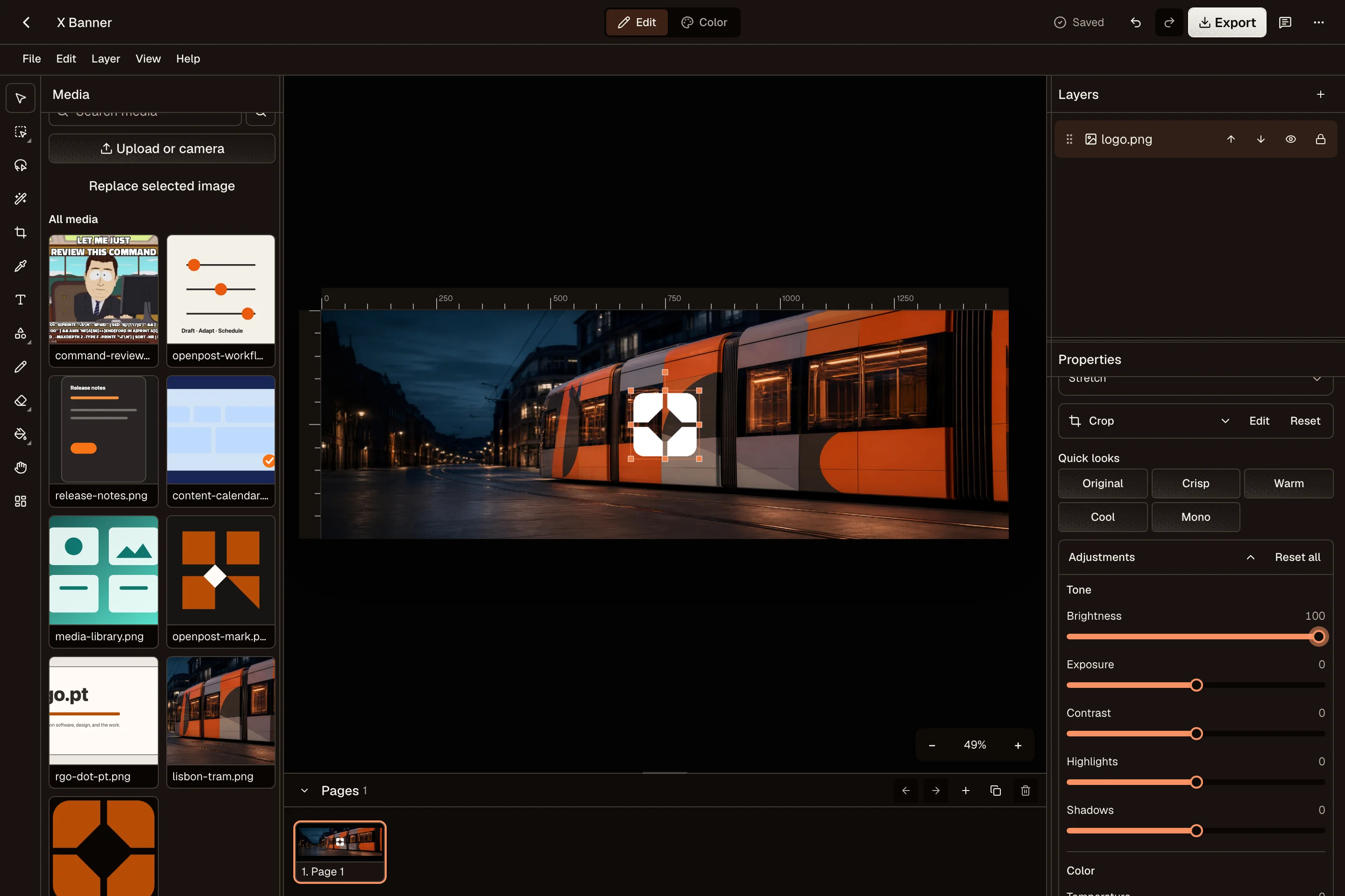 Image Editor with media, canvas, layers, properties, and pages visible