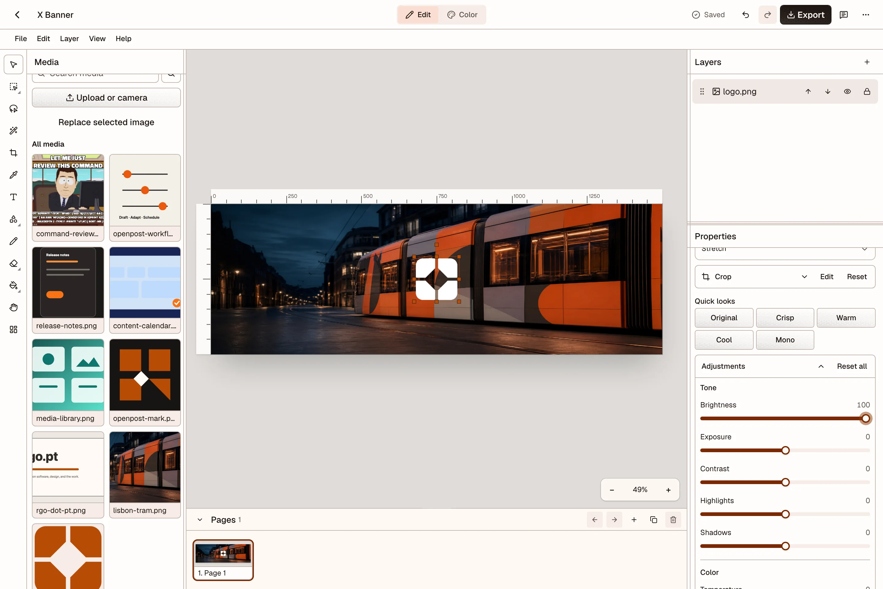 Image Editor with media, canvas, layers, properties, and pages visible