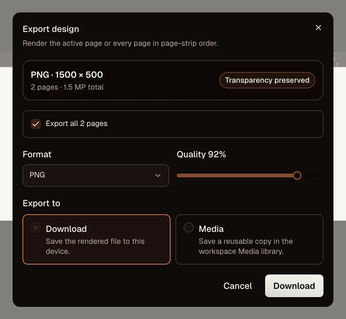 Image export dialog with format, quality, size, and destination controls