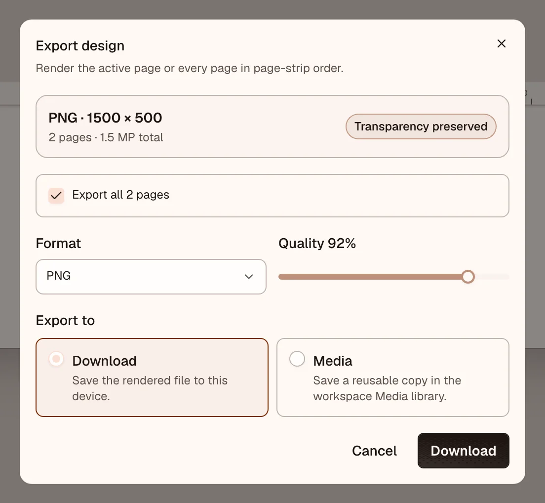 Image export dialog with format, quality, size, and destination controls
