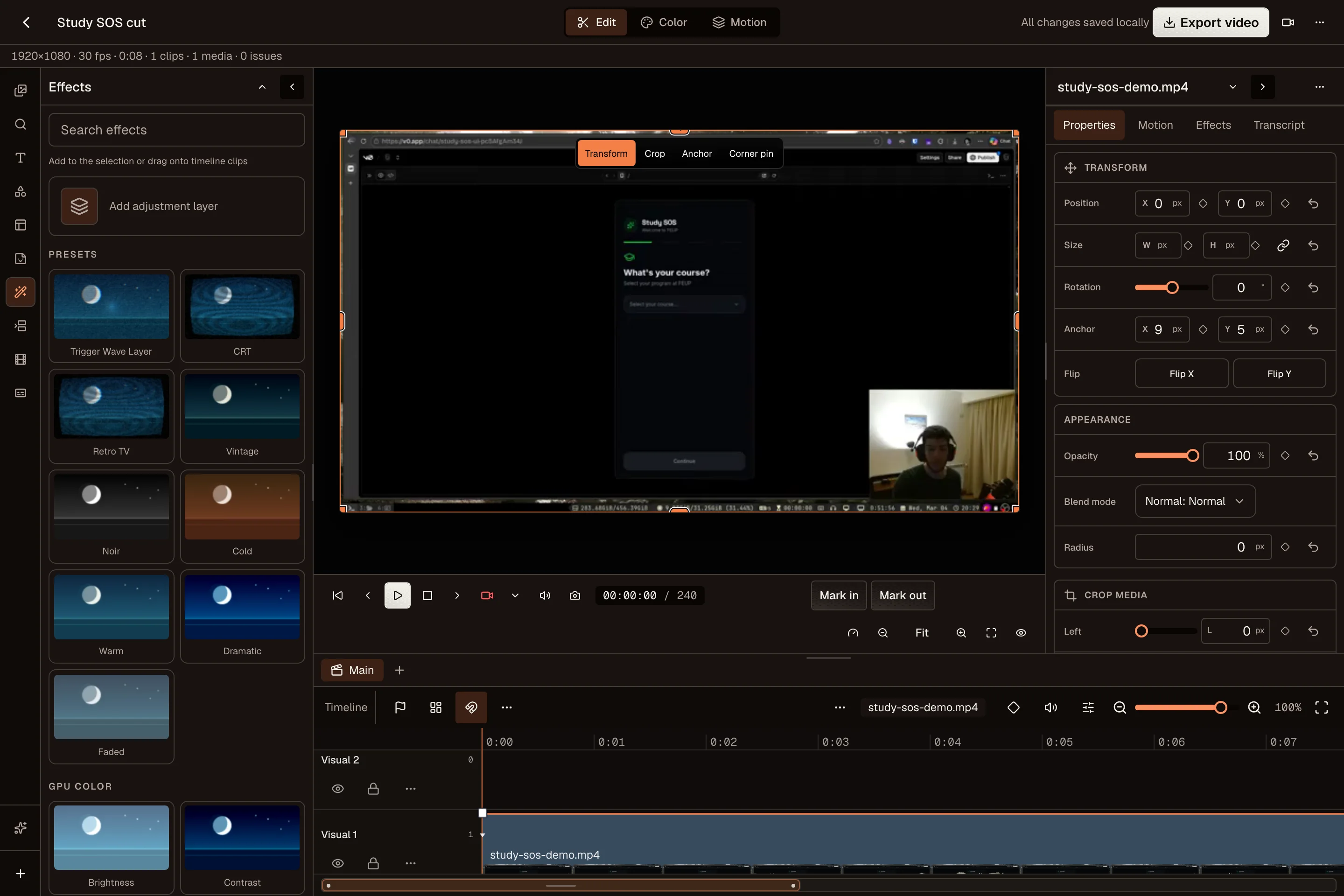 Effects browser with visual presets beside the preview and inspector
