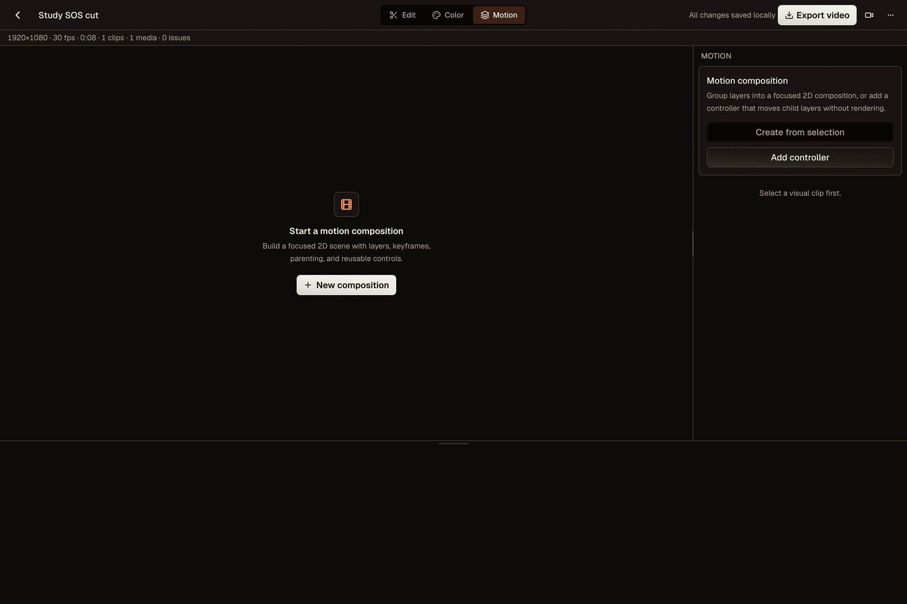 Motion workspace with a composition setup beside the video preview
