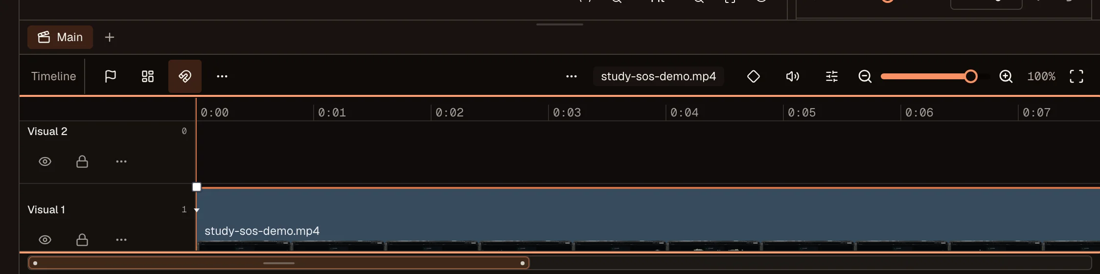 Video timeline with a trimmed clip, filmstrip frames, tracks, and a playhead