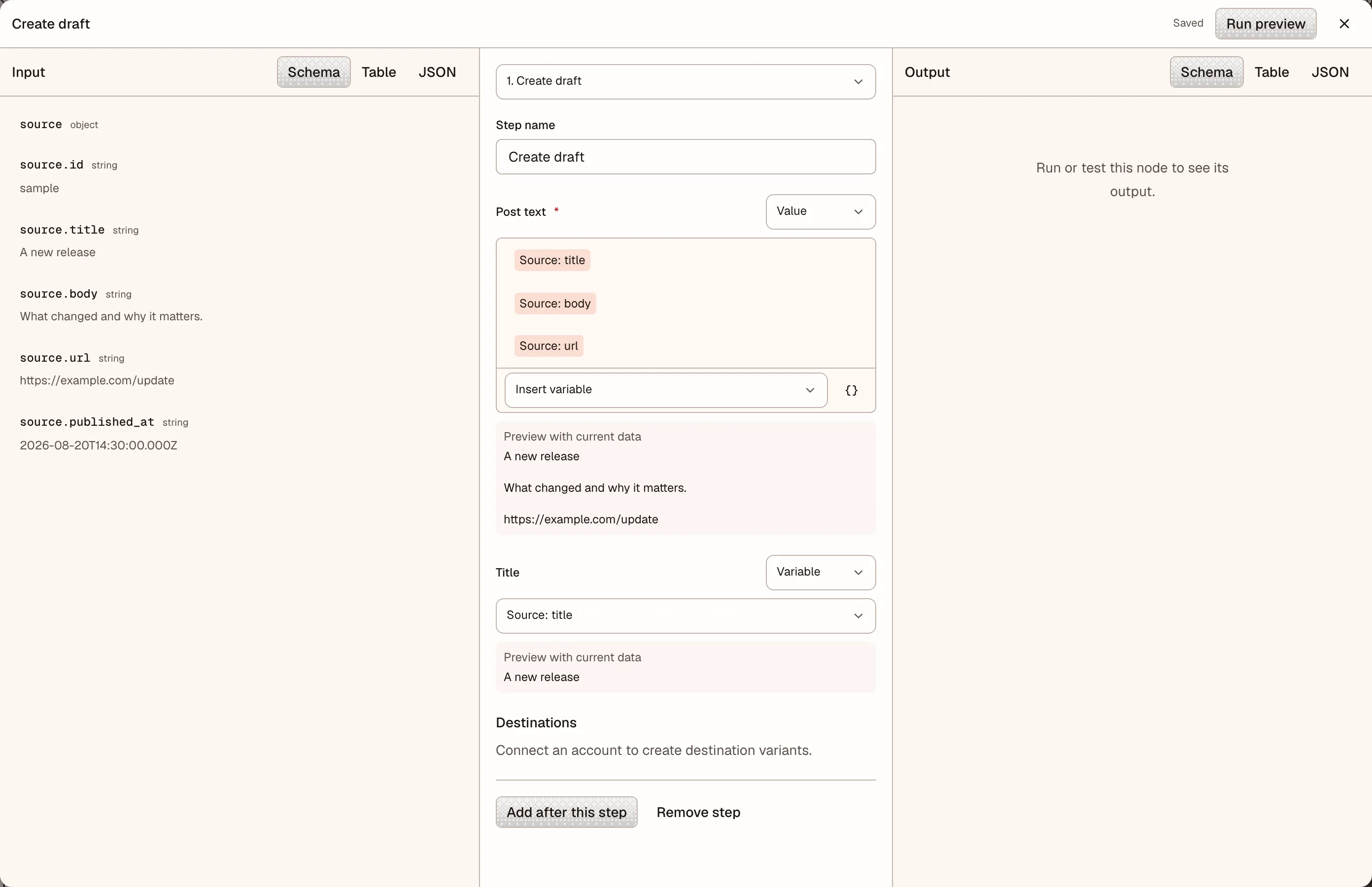 Create draft settings with source data on the left, variable chips in the post text, and output on the right